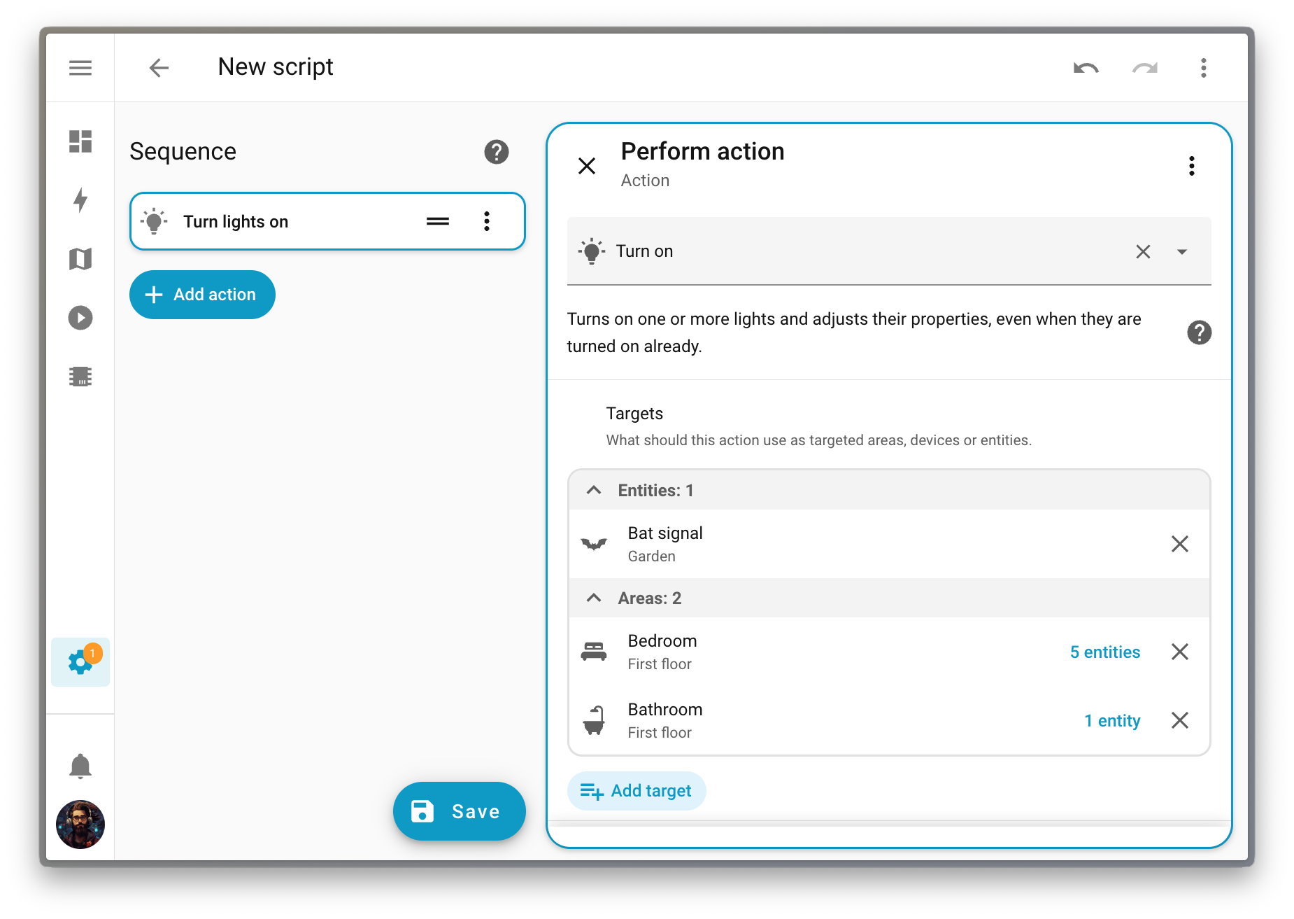 Screenshot of a light action configuration with targets picked.